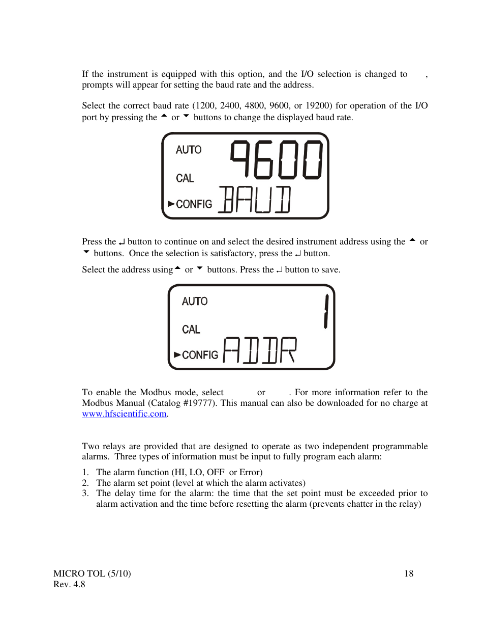 4 configuring the rs-485 port, 5 configuring the alarms | HF scientific MicroTOL Online Turbidimeter User Manual | Page 24 / 44