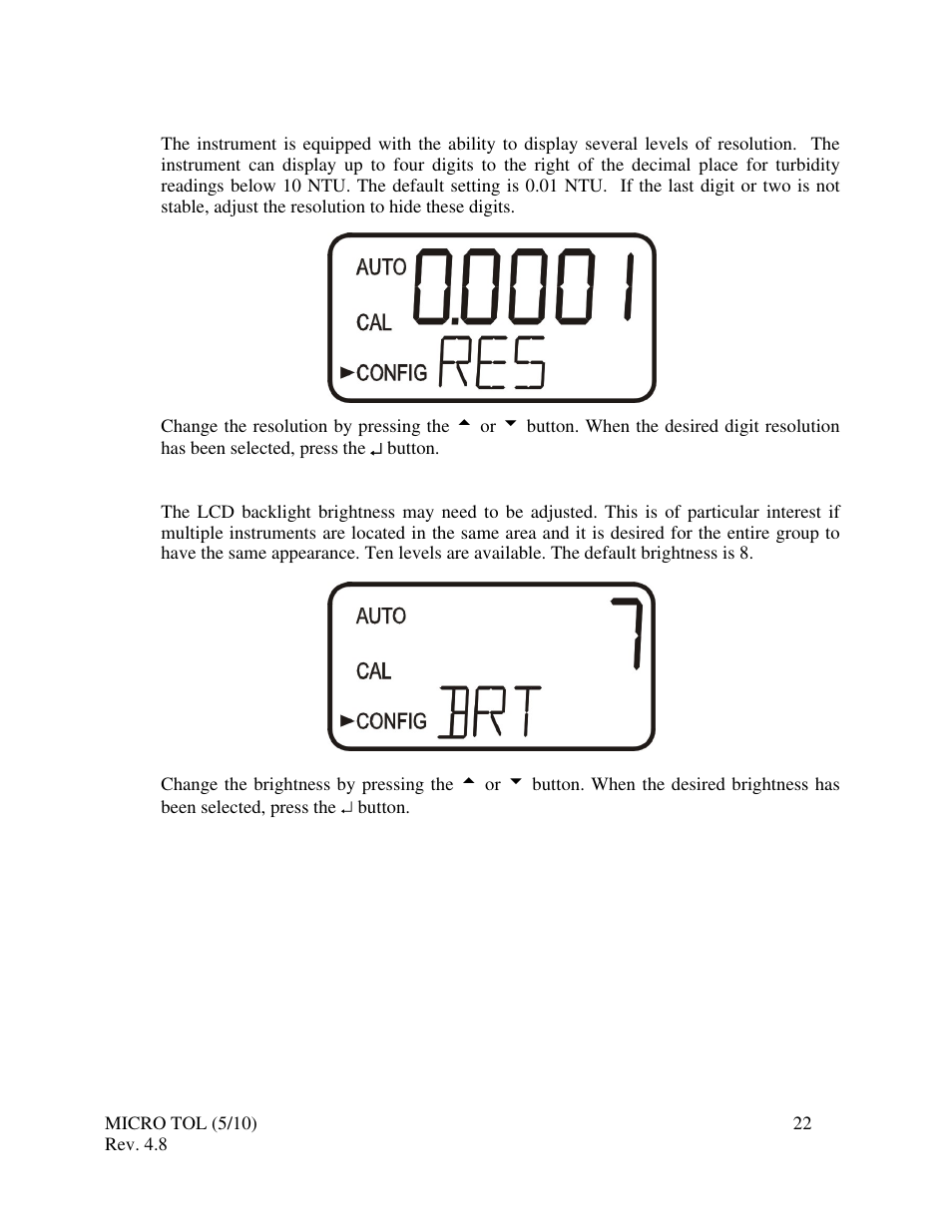 10 displayed resolution, 11 lcd backlight brightness, 12 setting the units | HF scientific MicroTOL Online Turbidimeter User Manual | Page 28 / 44