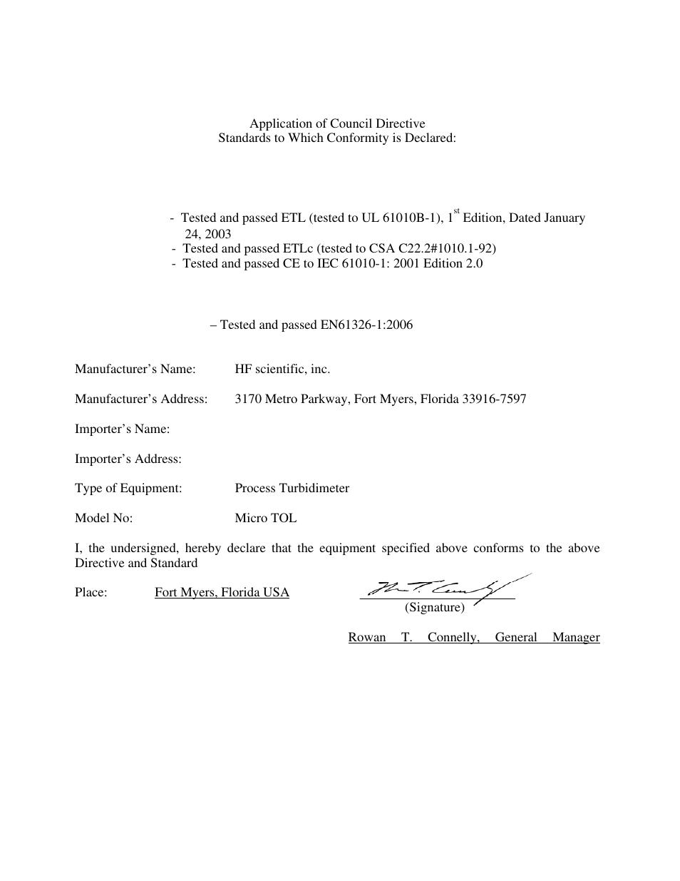 Declaration of conformity | HF scientific MicroTOL Online Turbidimeter User Manual | Page 3 / 44