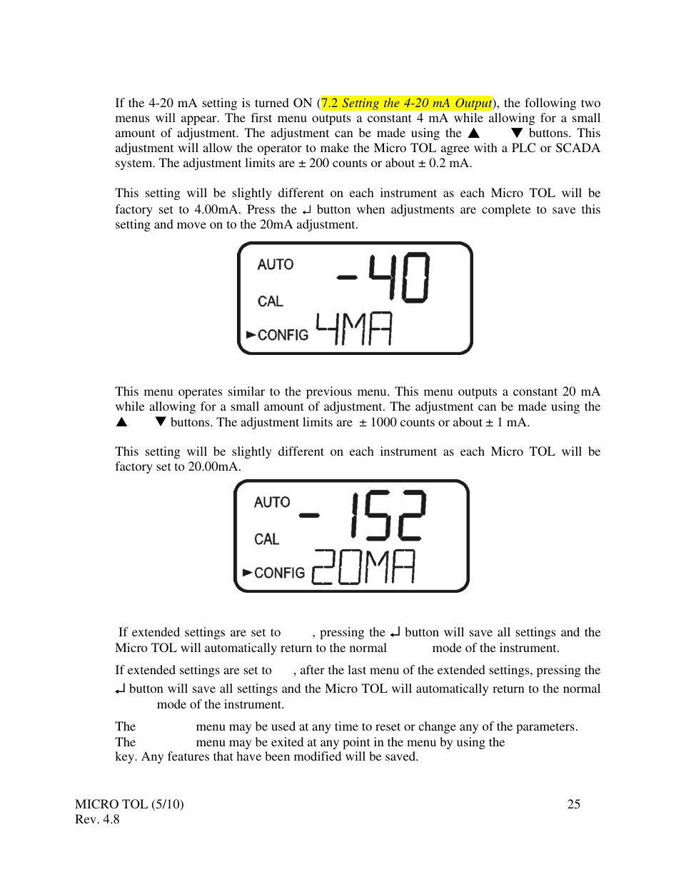 16 4ma adjustment, 17 20ma adjustment, 18 saving configuration settings | HF scientific MicroTOL Online Turbidimeter User Manual | Page 31 / 44