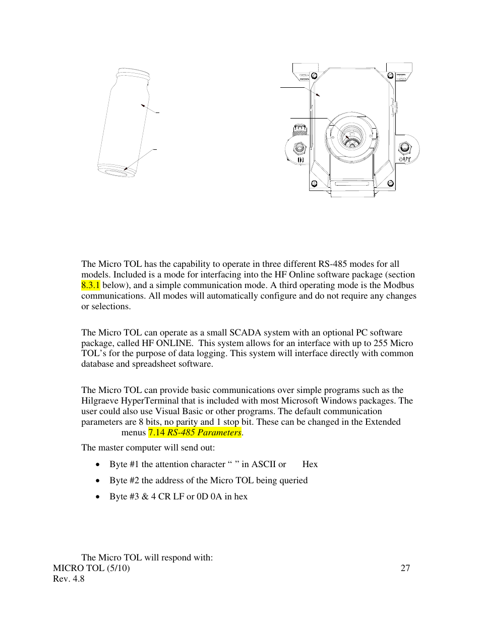 3 rs-485 outputs, 1 hf online software, 2 simple communication | HF scientific MicroTOL Online Turbidimeter User Manual | Page 33 / 44
