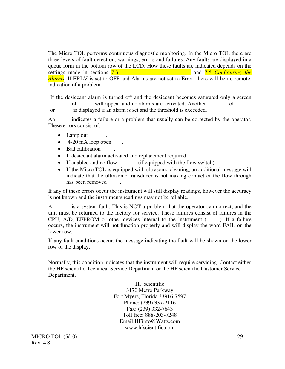 0 troubleshooting and maintenance, 1 microtol fault detection, 2 system fail message | HF scientific MicroTOL Online Turbidimeter User Manual | Page 35 / 44