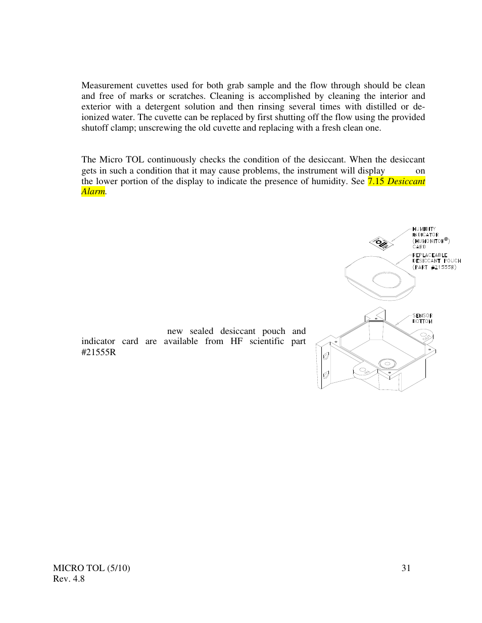 0 routine maintenance, 1 cleaning the flow through cuvette, 2 replacing or installing the desiccant pouch | 3 replacing the source lamp | HF scientific MicroTOL Online Turbidimeter User Manual | Page 37 / 44
