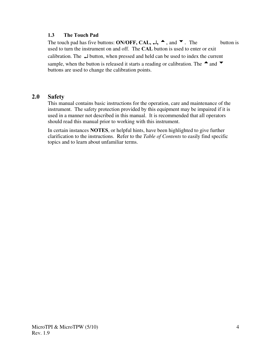 3 the touch pad, 0 safety | HF scientific MicroTPW Field Portable Turbidimeters User Manual | Page 10 / 22