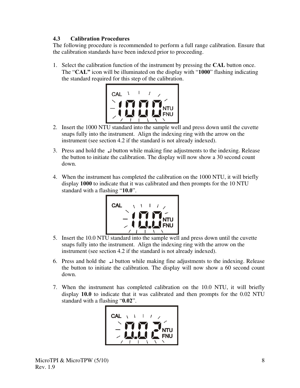 3 calibration procedures | HF scientific MicroTPW Field Portable Turbidimeters User Manual | Page 14 / 22