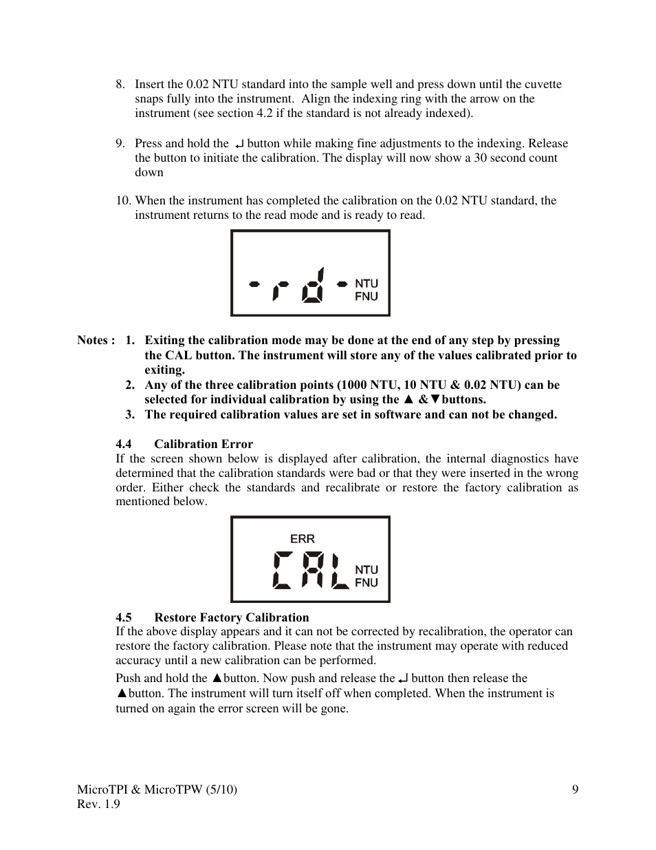 4 calibration error, 5 restore factory calibration | HF scientific MicroTPW Field Portable Turbidimeters User Manual | Page 15 / 22