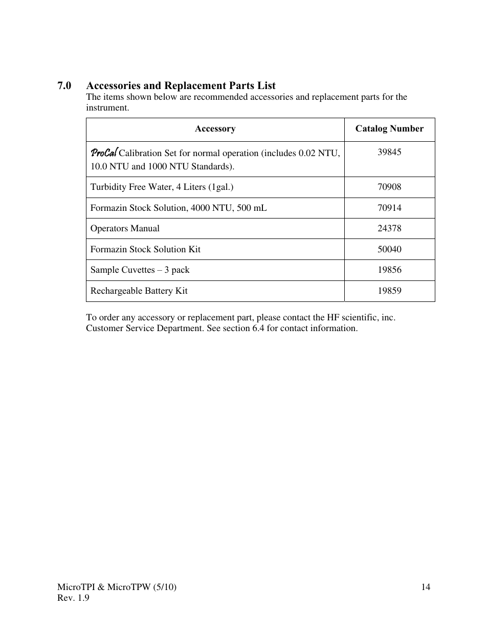 0 accessories and replacement parts list | HF scientific MicroTPW Field Portable Turbidimeters User Manual | Page 20 / 22