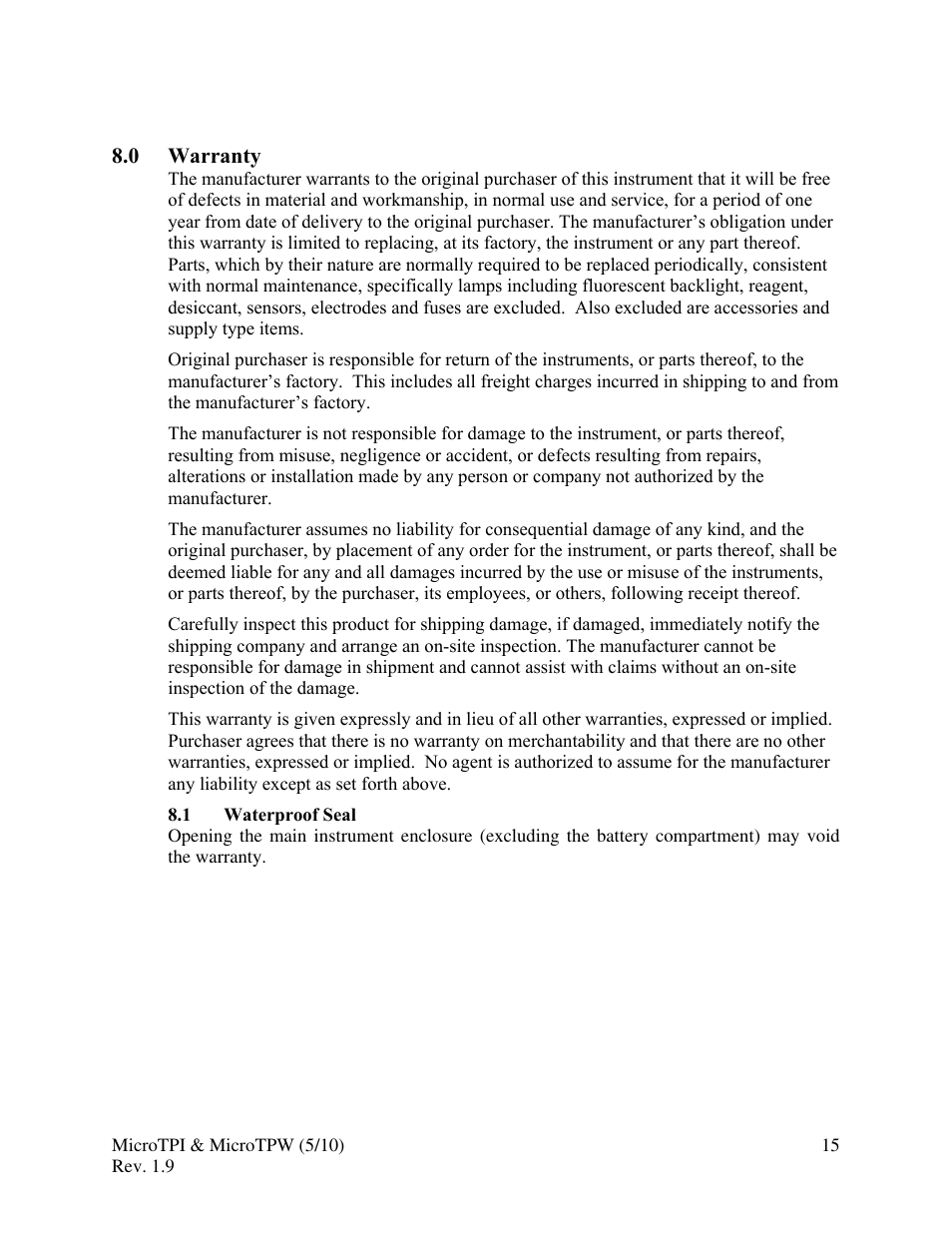 0 warranty, 1 waterproof seal, 0 glossary | HF scientific MicroTPW Field Portable Turbidimeters User Manual | Page 21 / 22