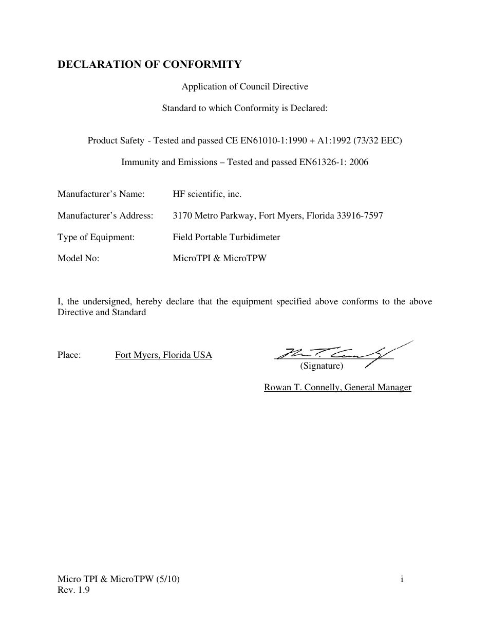 Declaration of conformity | HF scientific MicroTPW Field Portable Turbidimeters User Manual | Page 3 / 22