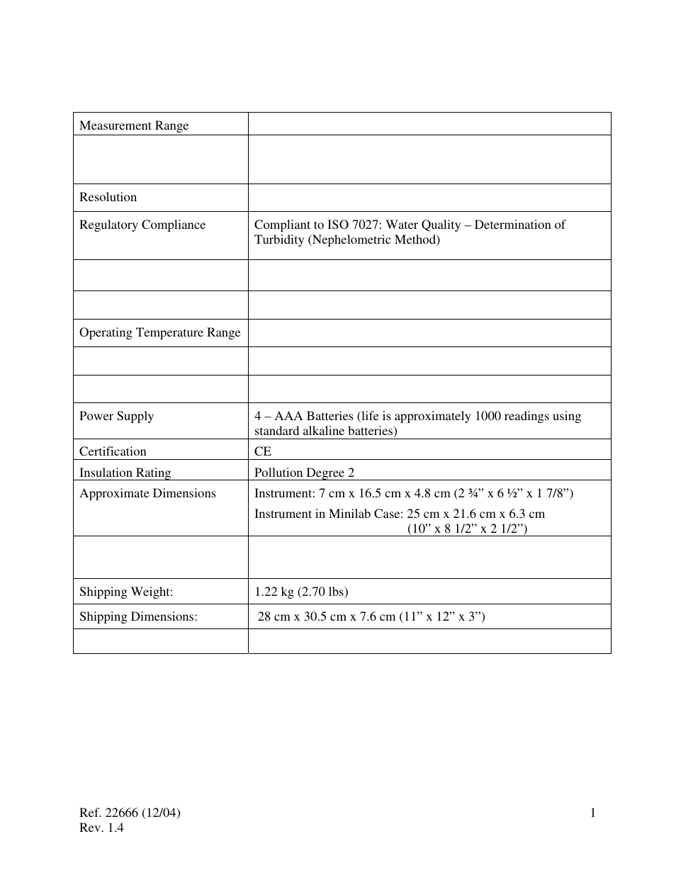 Specifications | HF scientific MicroTPI Field Portable Turbidimeter (Old) User Manual | Page 5 / 19