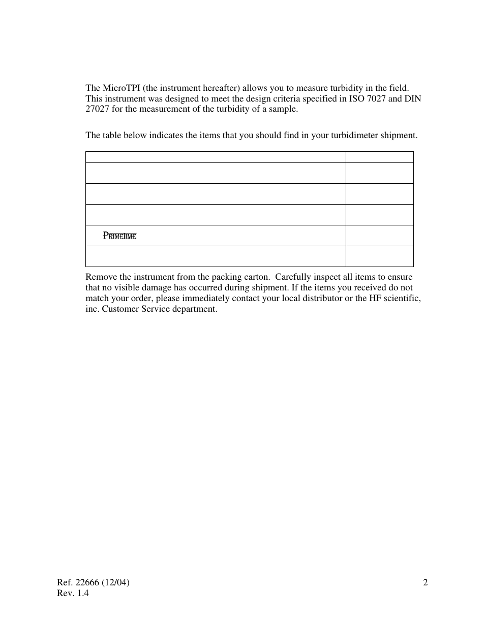 Overview, Item, Quantity | HF scientific MicroTPI Field Portable Turbidimeter (Old) User Manual | Page 6 / 19