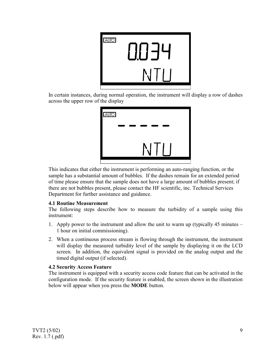Routine measurement, Security access feature, 1 routine measurement 4.2 security access feature | HF scientific 19944 Triple Validation Turbidimeter - 0-100 NTU User Manual | Page 14 / 35