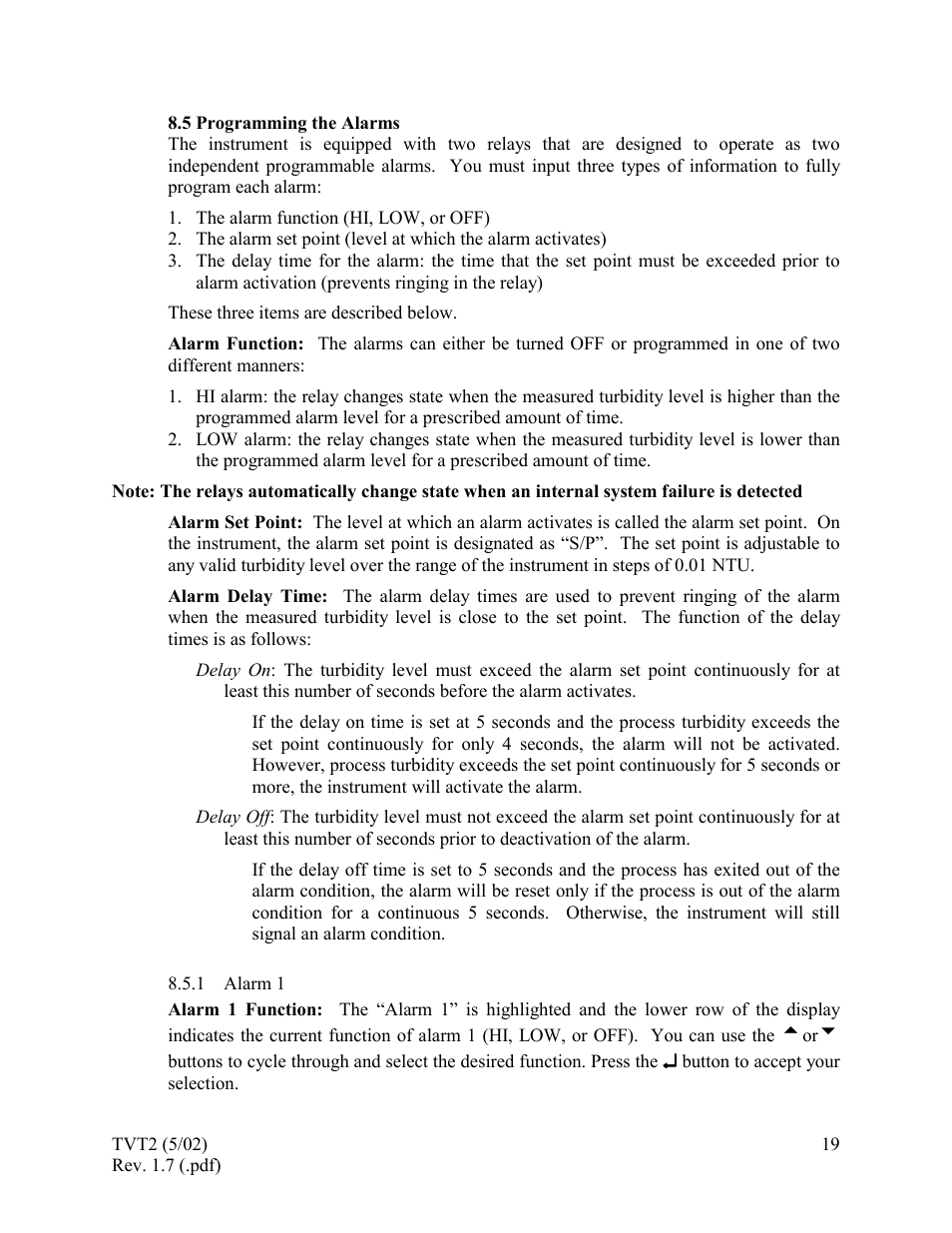 Programming the alarms, Alarm 1, 5 programming the alarms | HF scientific 19944 Triple Validation Turbidimeter - 0-100 NTU User Manual | Page 24 / 35