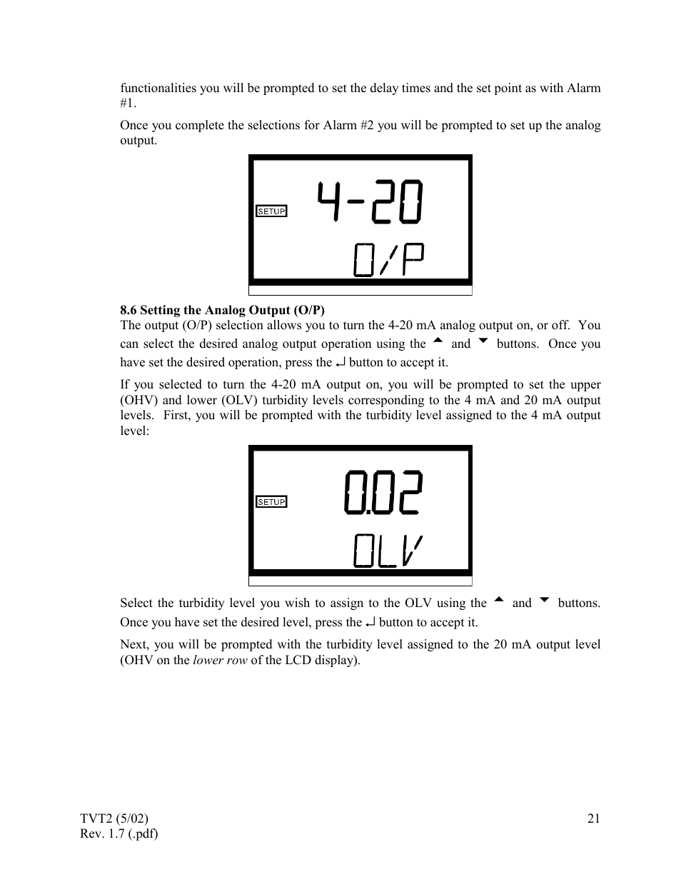 Setting the analog output (o/p), 6 setting the analog output (o/p) | HF scientific 19944 Triple Validation Turbidimeter - 0-100 NTU User Manual | Page 26 / 35