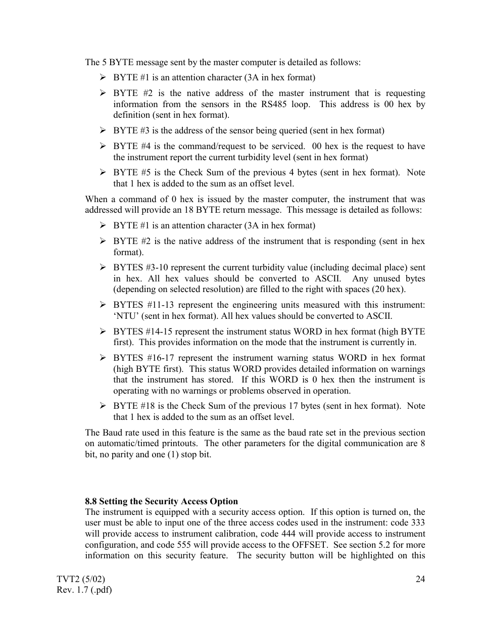 Setting the security access option | HF scientific 19944 Triple Validation Turbidimeter - 0-100 NTU User Manual | Page 29 / 35
