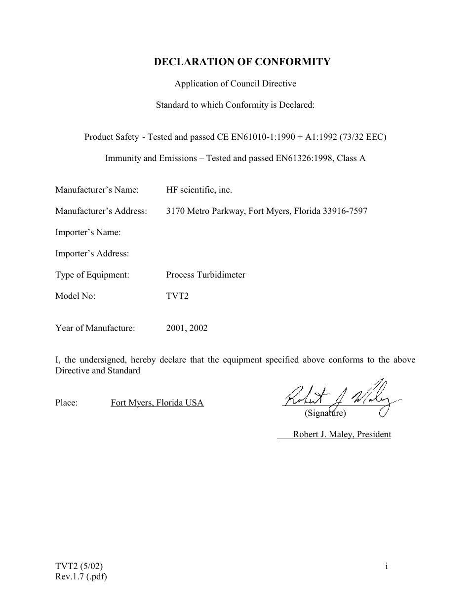 Declaration of conformity | HF scientific 19944 Triple Validation Turbidimeter - 0-100 NTU User Manual | Page 3 / 35