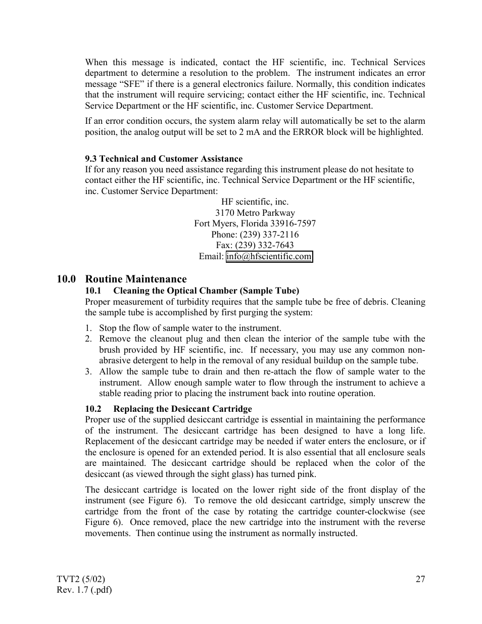 Technical and customer assistance, Routine maintenance, Cleaning the optical chamber (sample tube) | Replacing the desiccant cartridge, 3 technical and customer assistance, 0 routine, Maintenance | HF scientific 19944 Triple Validation Turbidimeter - 0-100 NTU User Manual | Page 32 / 35