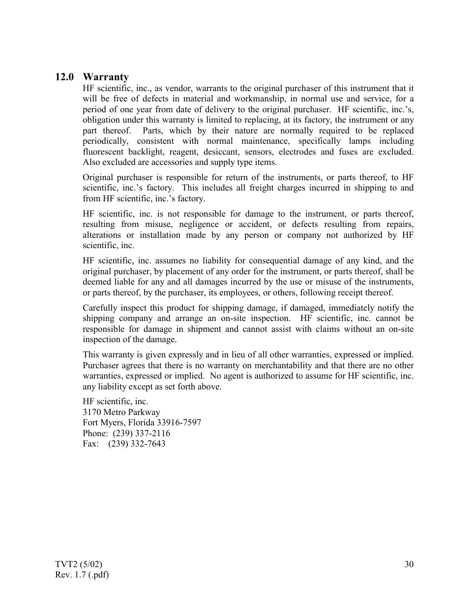Warranty | HF scientific 19944 Triple Validation Turbidimeter - 0-100 NTU User Manual | Page 35 / 35
