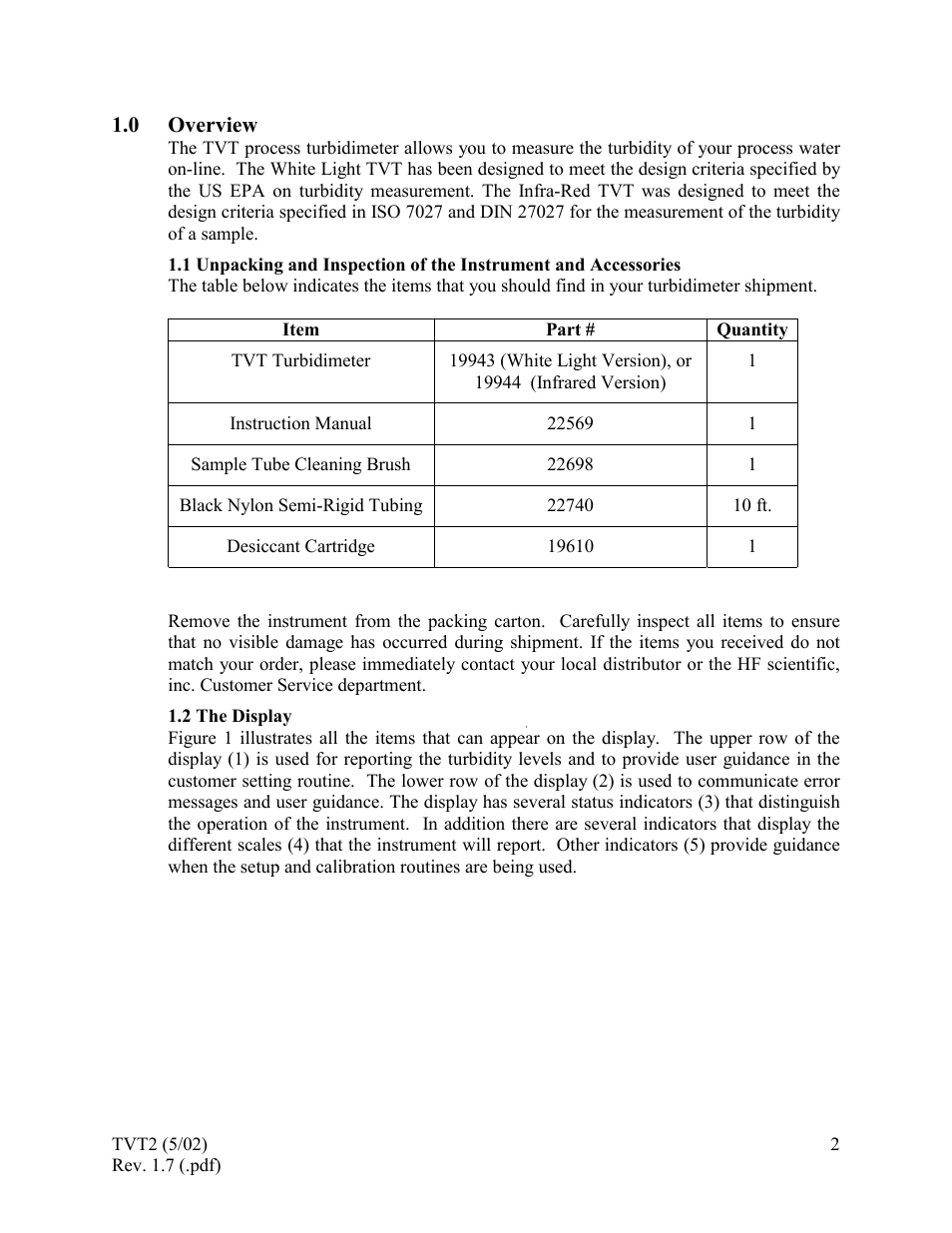Overview, Item, Quantity | The display, 0 overview | HF scientific 19944 Triple Validation Turbidimeter - 0-100 NTU User Manual | Page 7 / 35