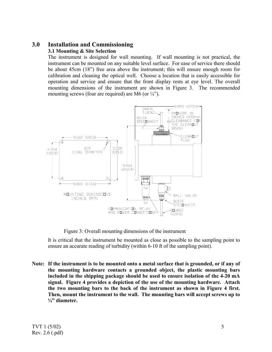Installation and commissioning, Mounting & site selection | HF scientific 19998 Triple Validation Turbidimeter - 0-100 NTU User Manual | Page 11 / 33
