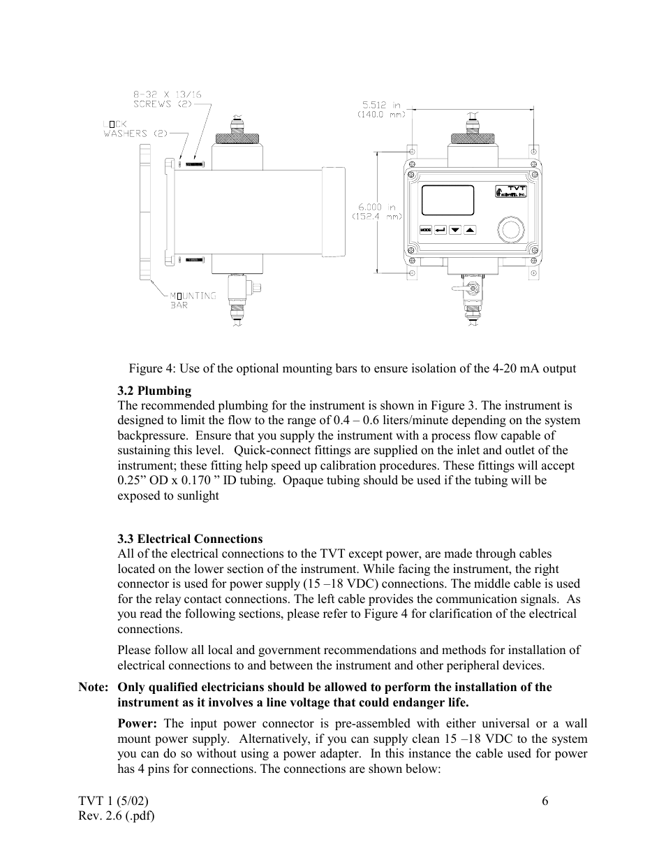 Plumbing, Electrical connections, 2 plumbing 3.3 electrical | Connections | HF scientific 19998 Triple Validation Turbidimeter - 0-100 NTU User Manual | Page 12 / 33
