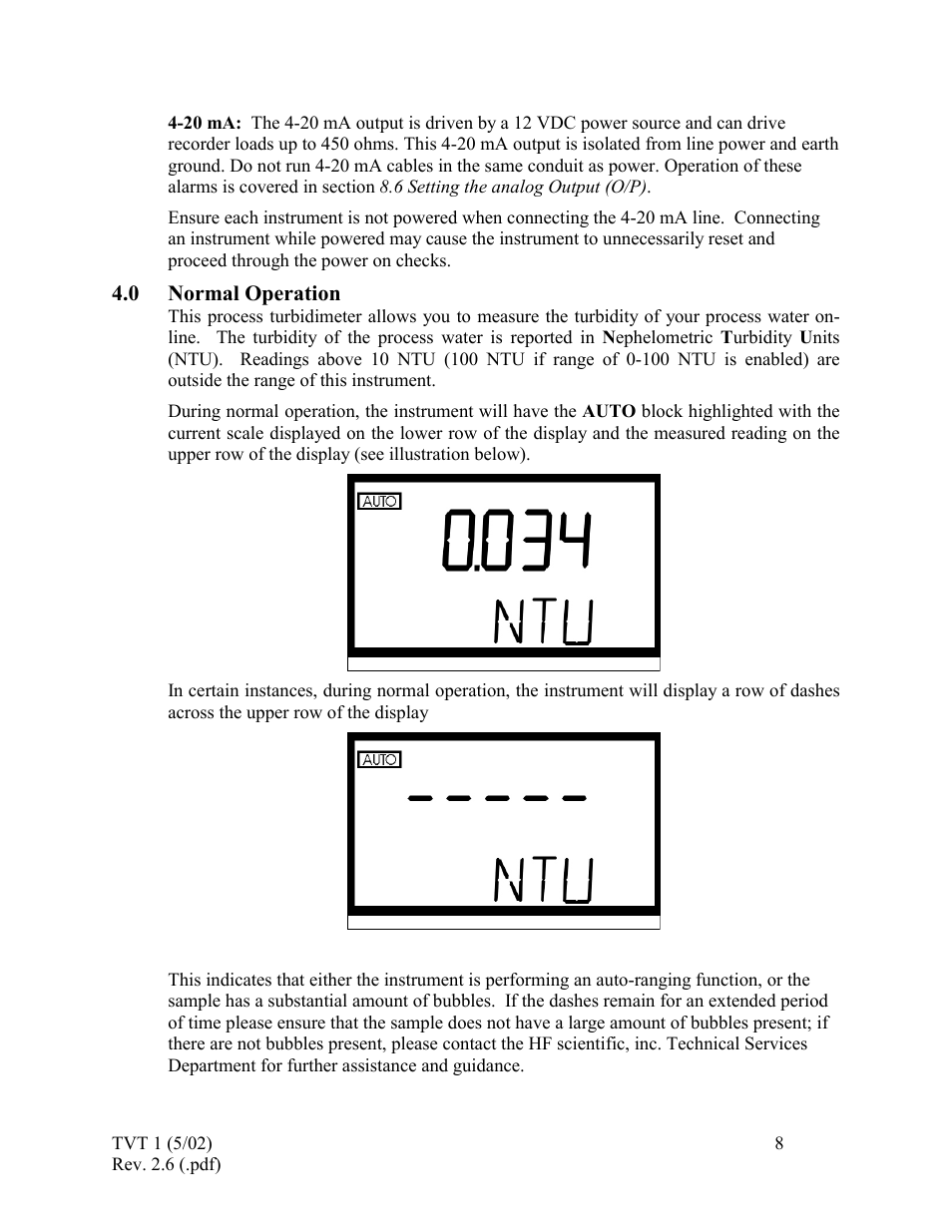 Normal operation, 0 normal, Operation | HF scientific 19998 Triple Validation Turbidimeter - 0-100 NTU User Manual | Page 14 / 33