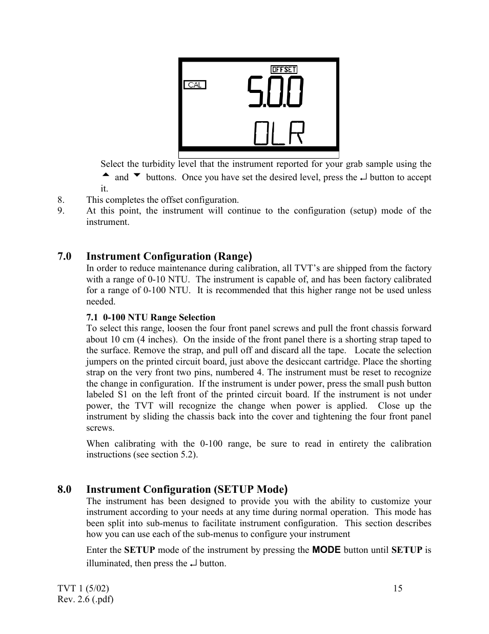 Instrument configuration (range), 100 ntu range selection, Instrument configuration (setup mode) | HF scientific 19998 Triple Validation Turbidimeter - 0-100 NTU User Manual | Page 21 / 33