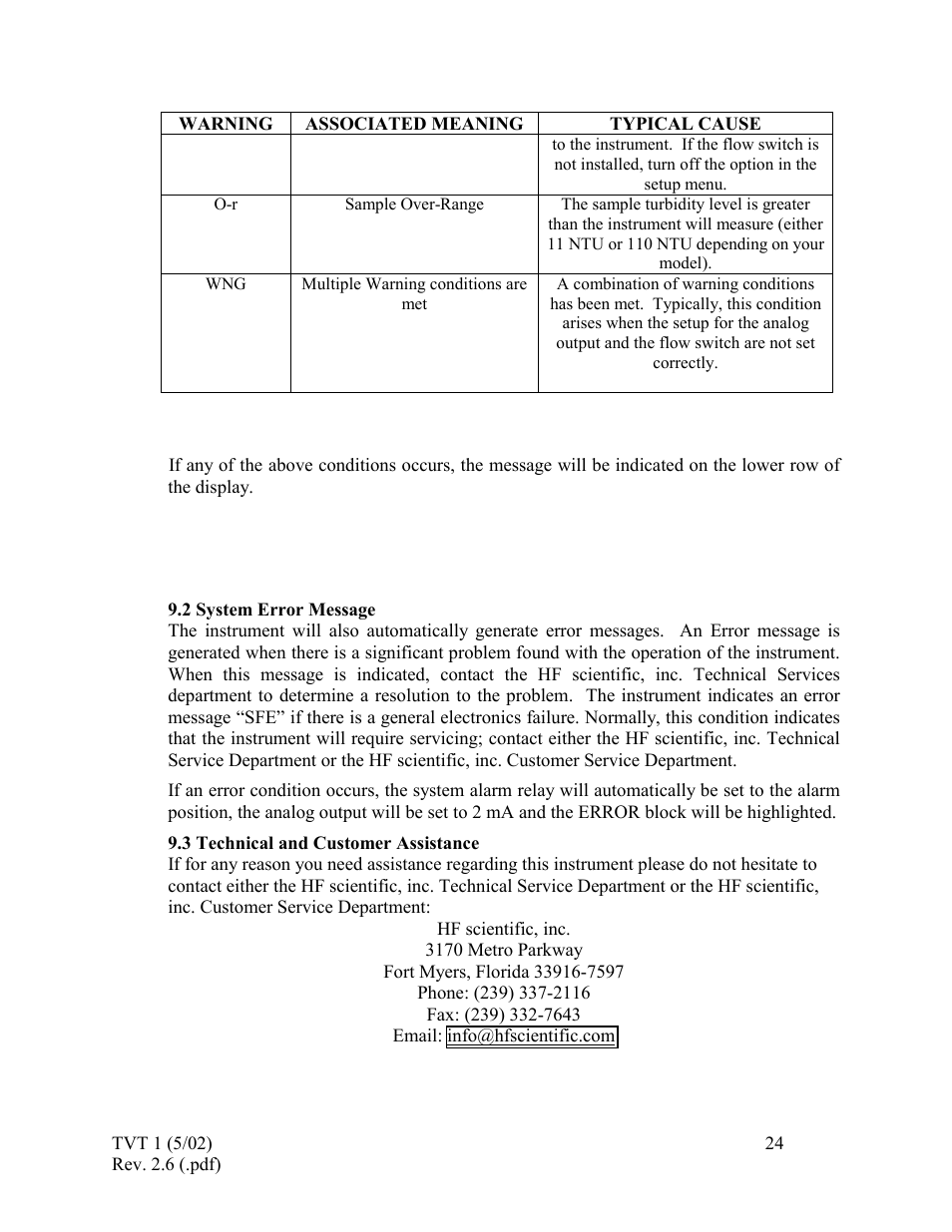 System error message, Technical and customer assistance | HF scientific 19998 Triple Validation Turbidimeter - 0-100 NTU User Manual | Page 30 / 33