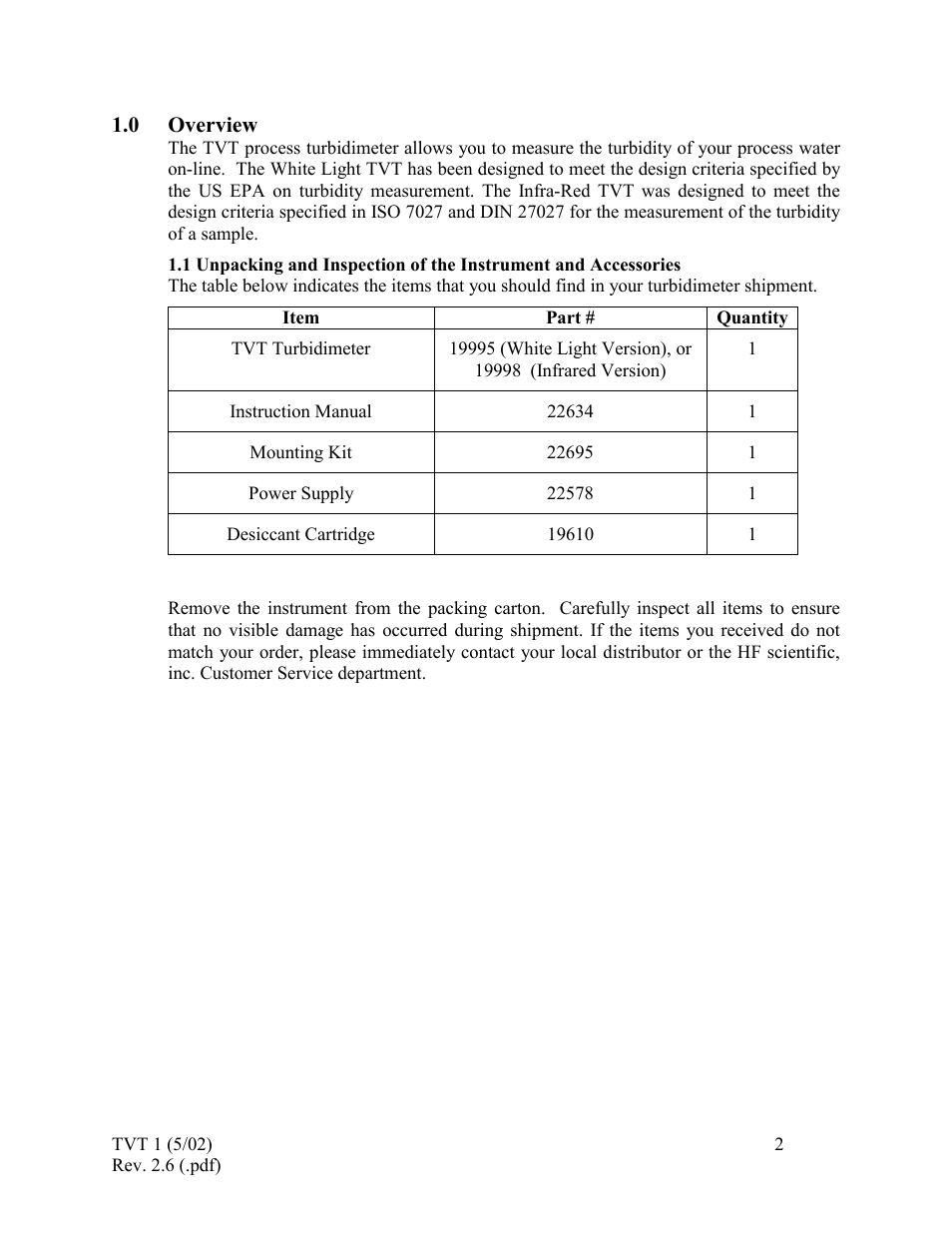 Overview, Item, Quantity | 0 overview | HF scientific 19998 Triple Validation Turbidimeter - 0-100 NTU User Manual | Page 8 / 33