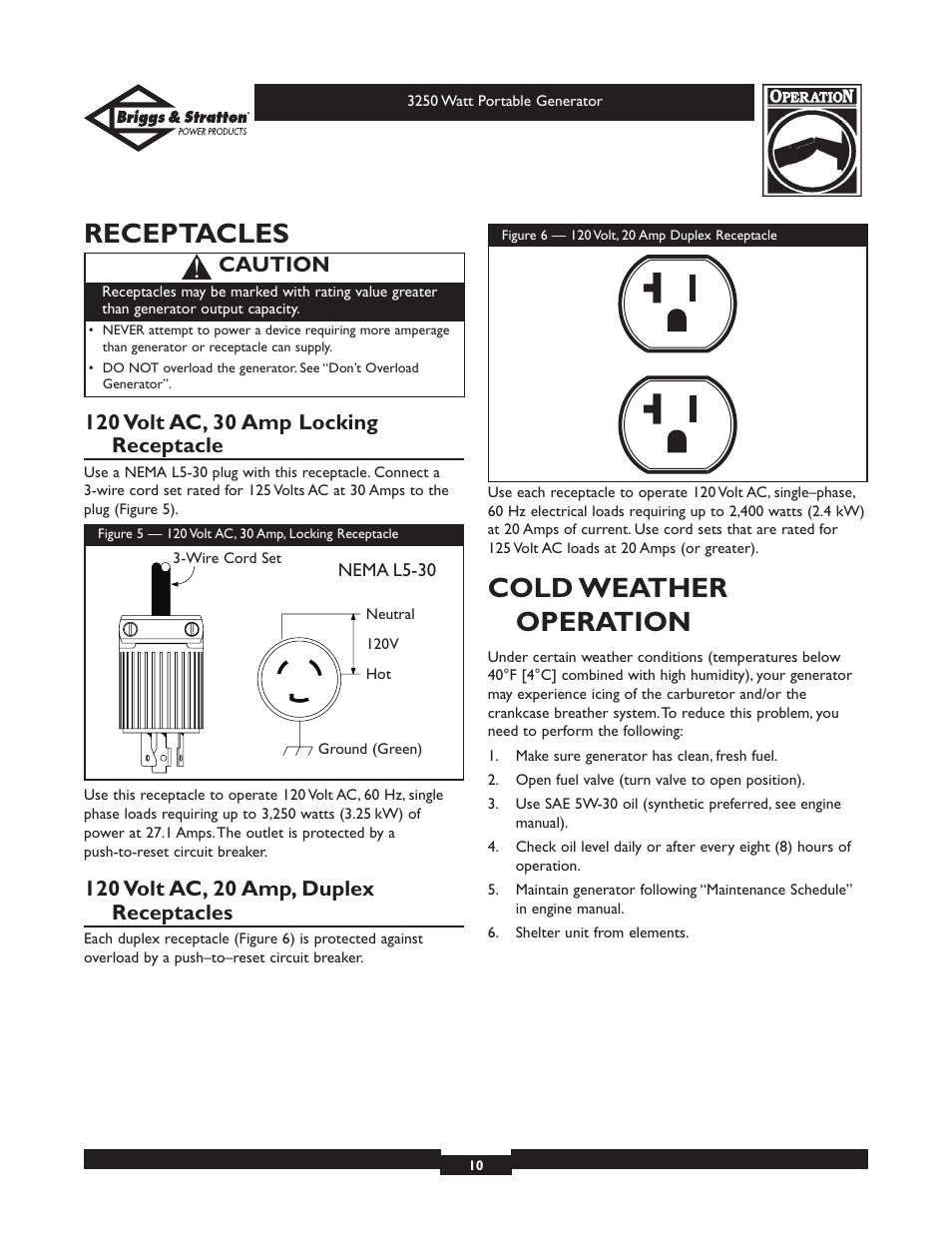 Receptacles, Cold weather operation, Caution | Briggs & Stratton 1653 User Manual | Page 10 / 48