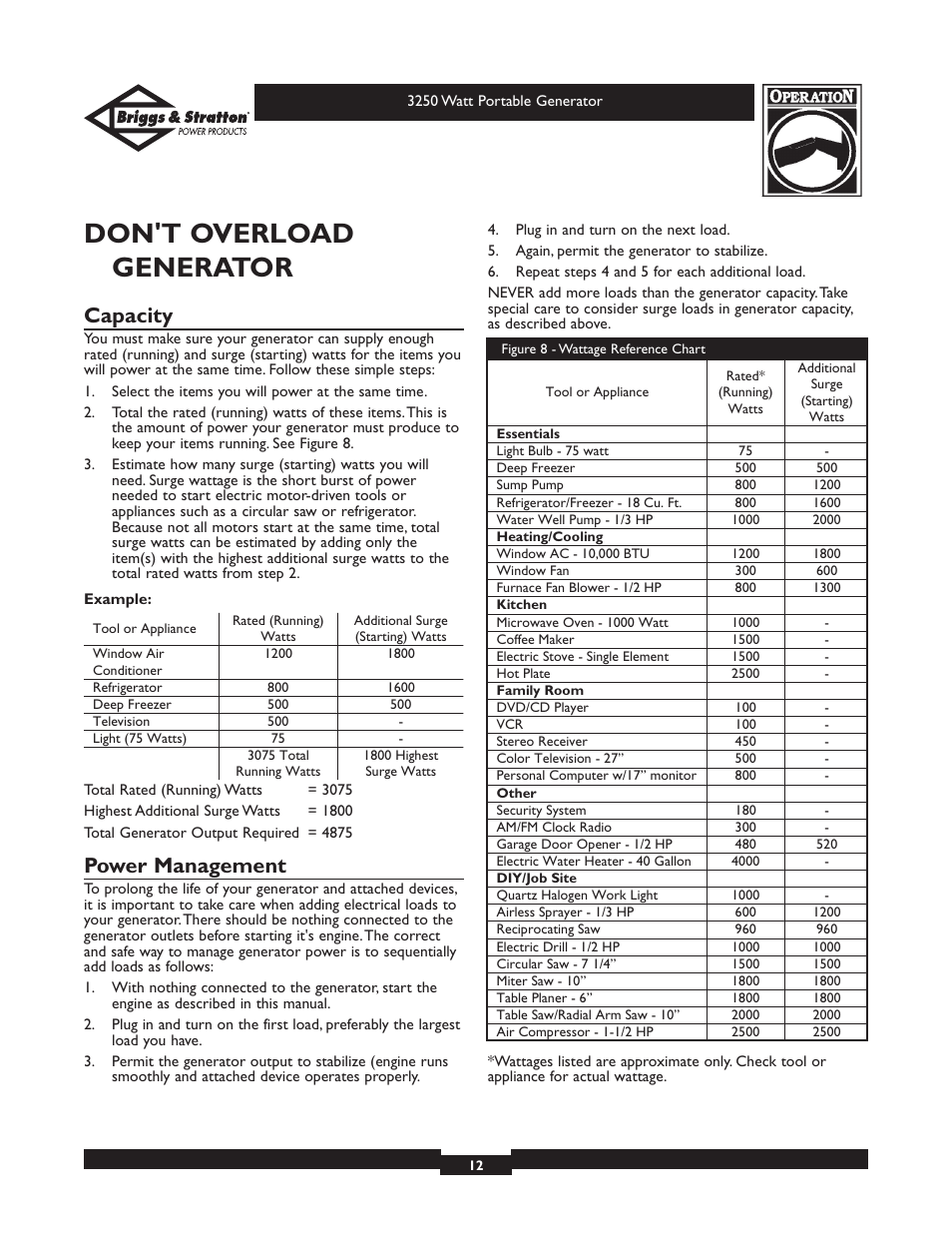 Don't overload generator, Capacity, Power management | Briggs & Stratton 1653 User Manual | Page 12 / 48