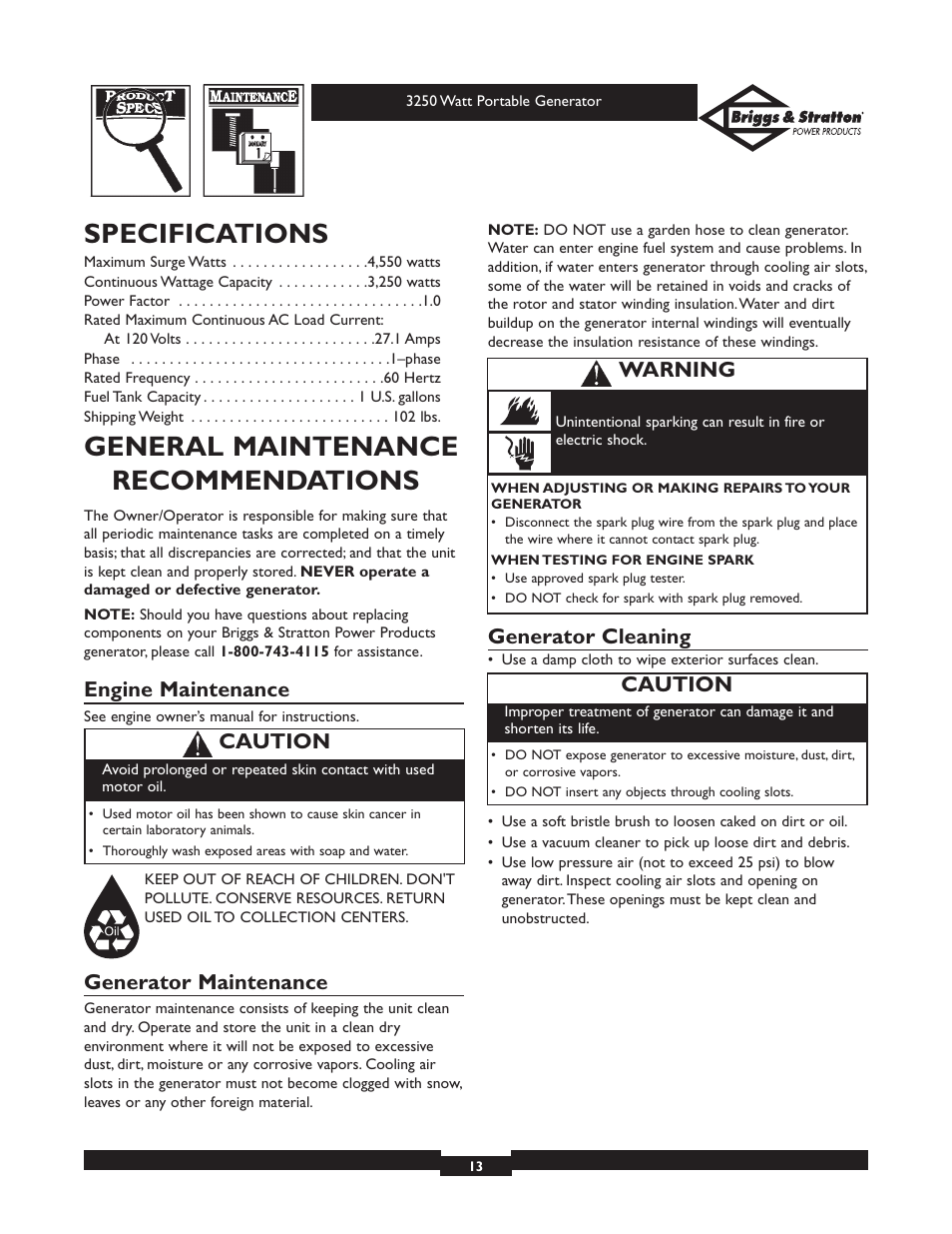 Specifications, General maintenance recommendations, Engine maintenance | Generator maintenance, Generator cleaning, Caution, Warning | Briggs & Stratton 1653 User Manual | Page 13 / 48