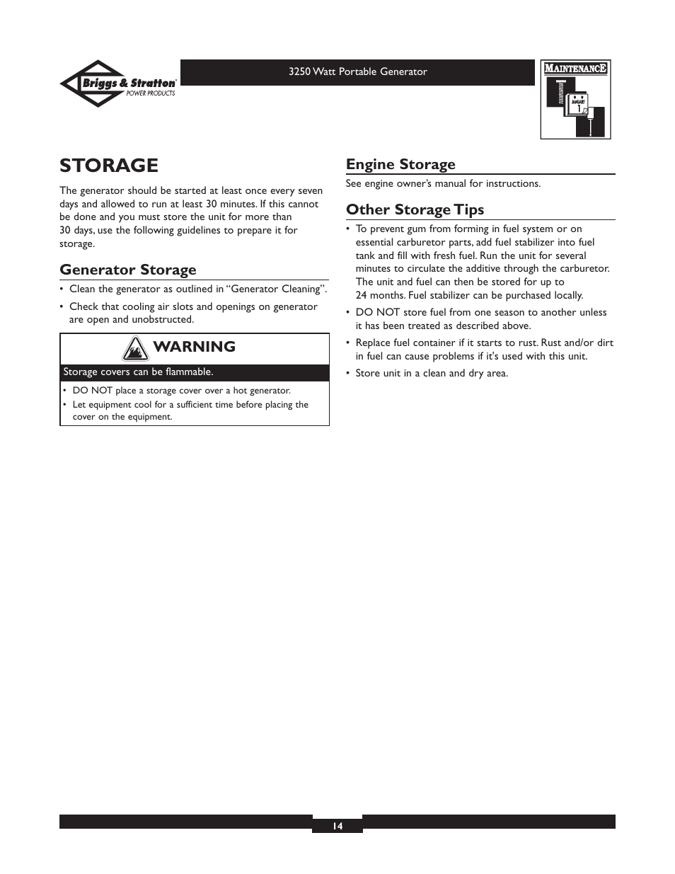 Storage, Generator storage, Engine storage | Other storage tips, Warning | Briggs & Stratton 1653 User Manual | Page 14 / 48