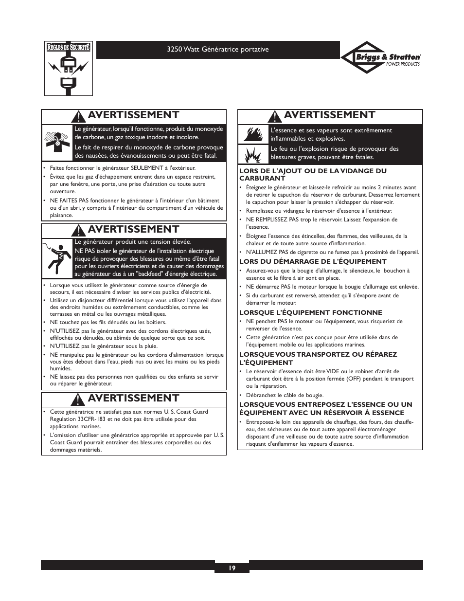 Avertissement | Briggs & Stratton 1653 User Manual | Page 19 / 48