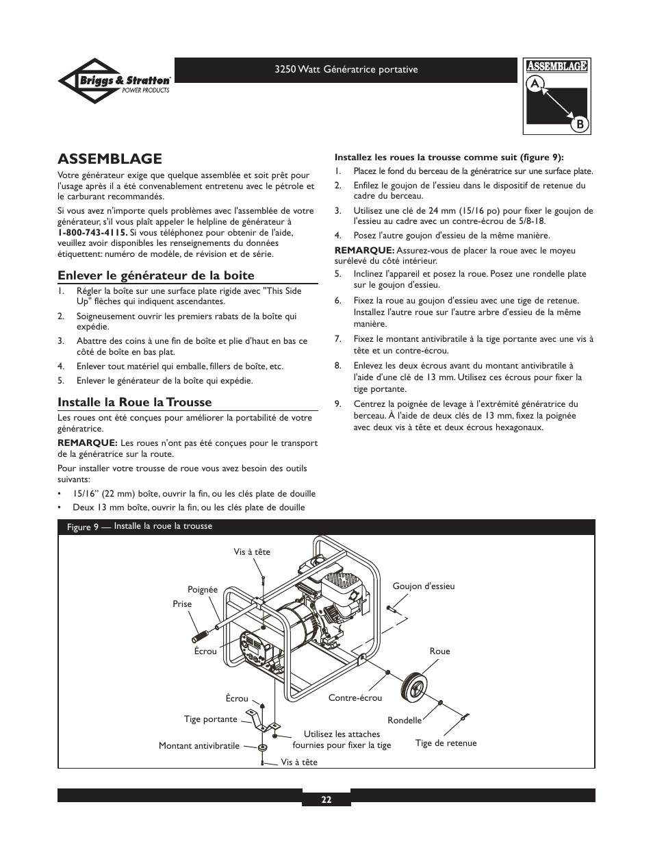 Assemblage, Enlever le générateur de la boite, Installe la roue la trousse | Briggs & Stratton 1653 User Manual | Page 22 / 48