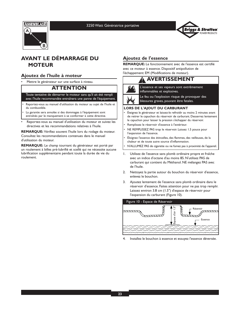 Avant le démarrage du moteur, Attention, Avertissement | Ajoutez de l'huile à moteur, Ajoutez de l'essence | Briggs & Stratton 1653 User Manual | Page 23 / 48