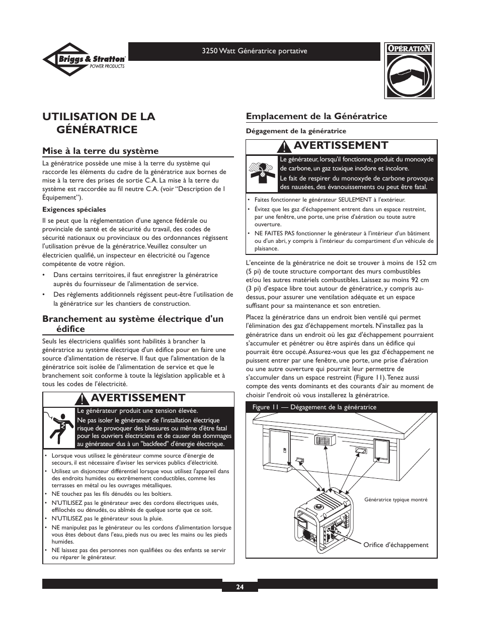 Utilisation de la génératrice, Avertissement, Mise à la terre du système | Branchement au système électrique d'un édifice, Emplacement de la génératrice | Briggs & Stratton 1653 User Manual | Page 24 / 48