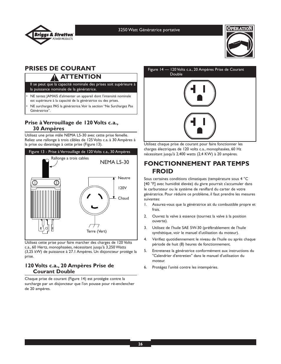 Prises de courant, Fonctionnement par temps froid, Attention | Briggs & Stratton 1653 User Manual | Page 26 / 48