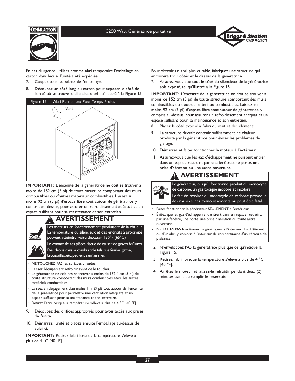 Avertissement | Briggs & Stratton 1653 User Manual | Page 27 / 48