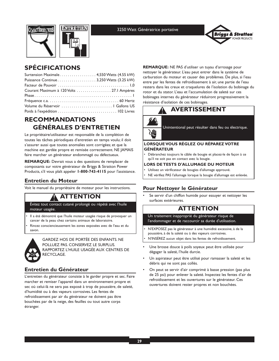 Spécifications, Recommandations générales d’entretien, Attention | Avertissement | Briggs & Stratton 1653 User Manual | Page 29 / 48