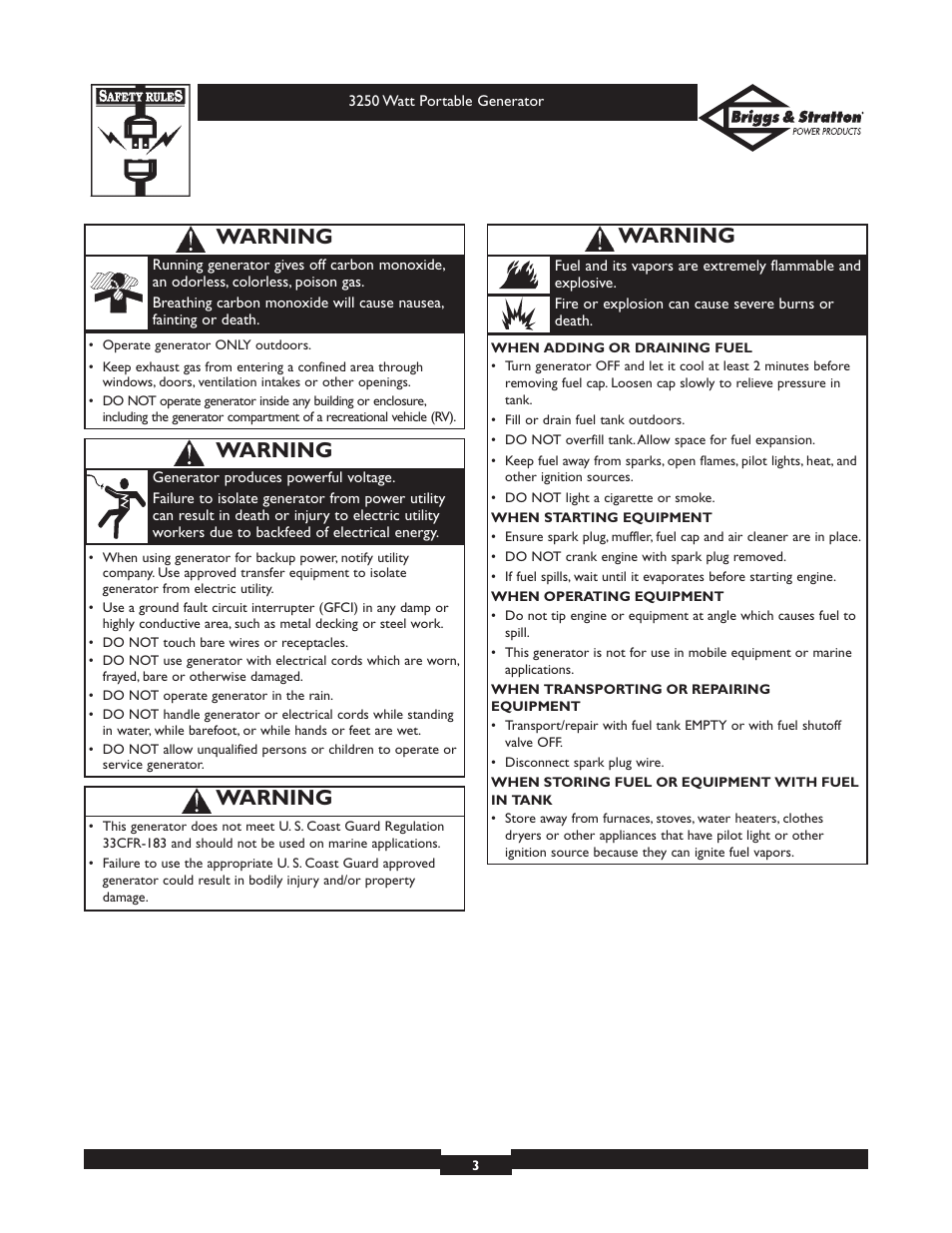 Warning | Briggs & Stratton 1653 User Manual | Page 3 / 48