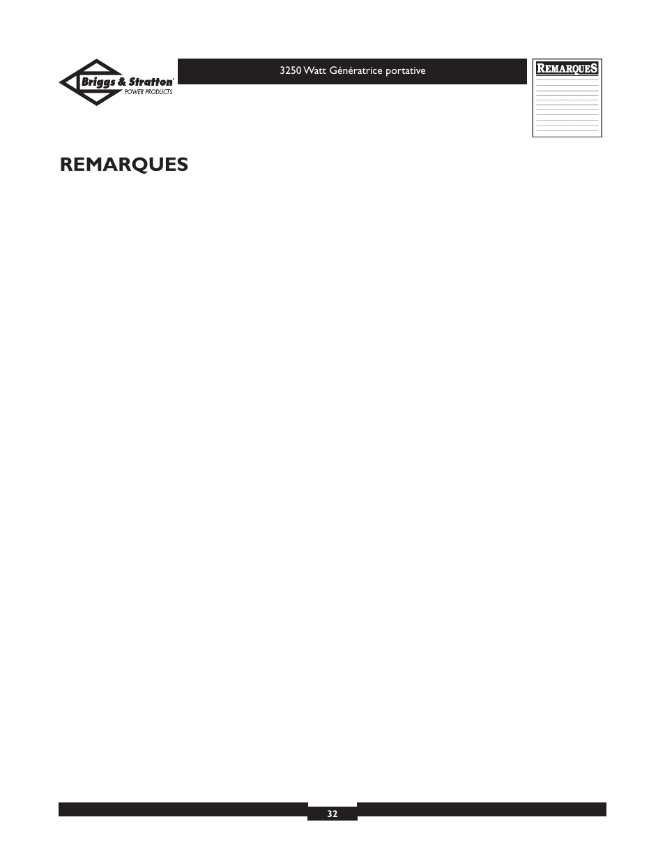 Remarques | Briggs & Stratton 1653 User Manual | Page 32 / 48