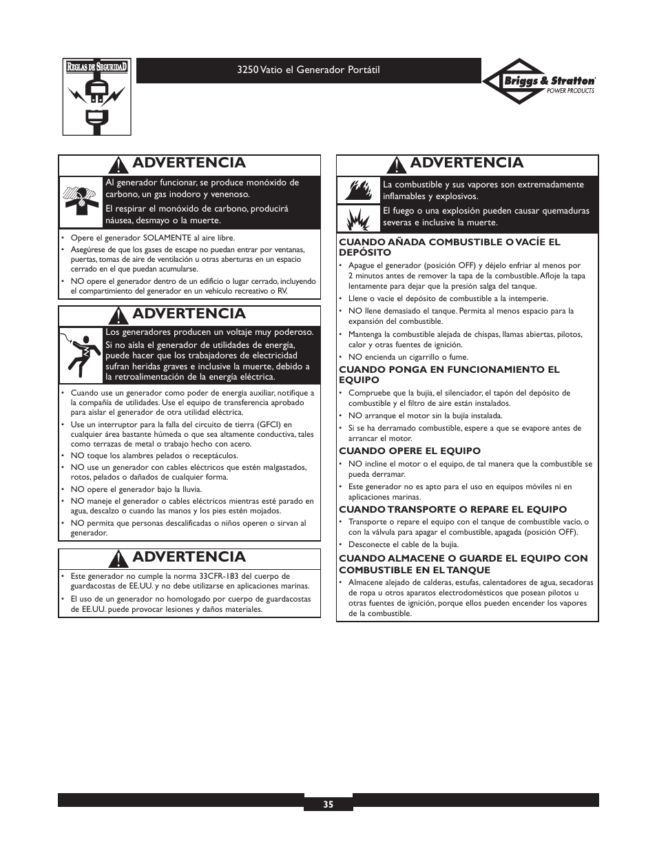 Advertencia | Briggs & Stratton 1653 User Manual | Page 35 / 48