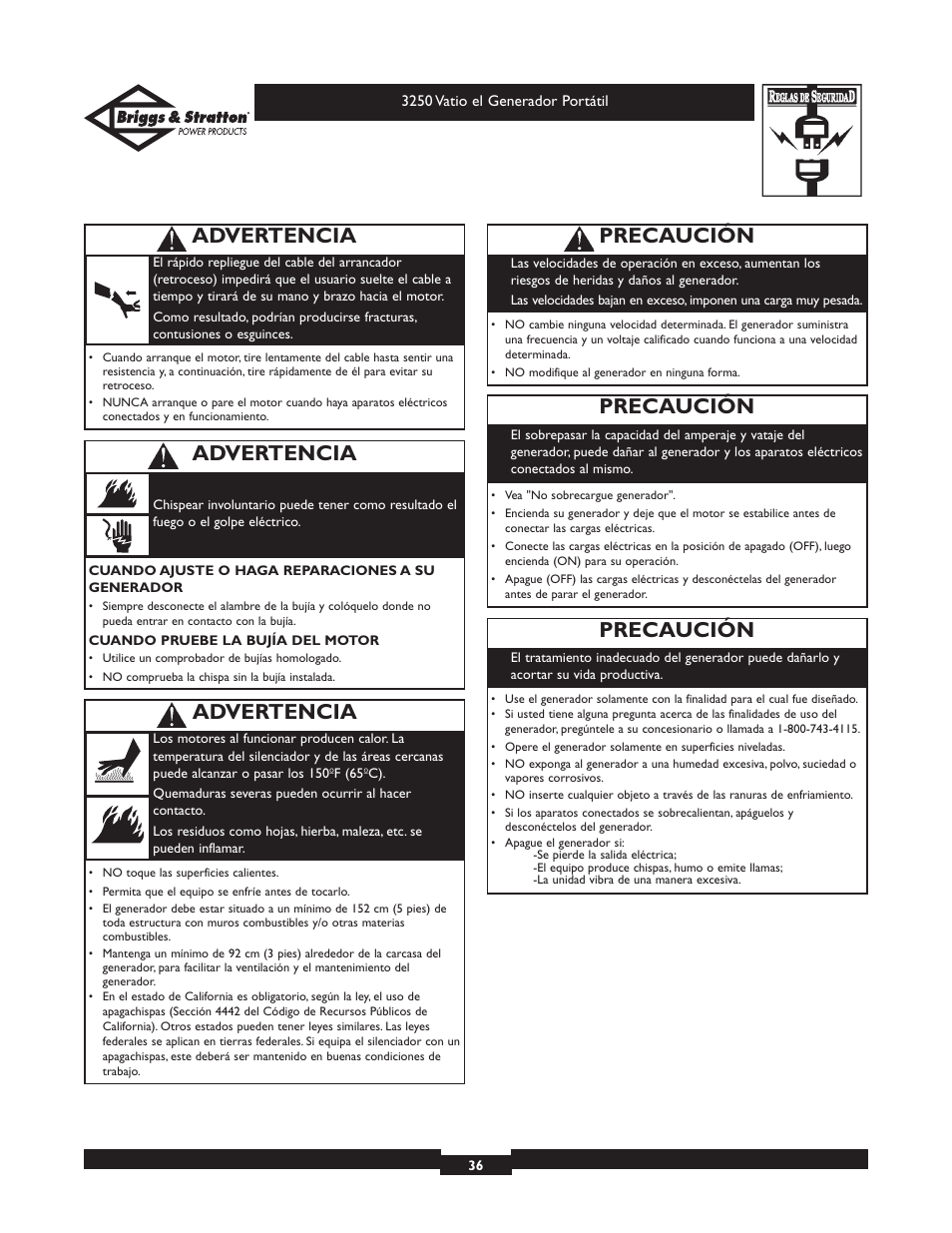 Precaución, Advertencia | Briggs & Stratton 1653 User Manual | Page 36 / 48