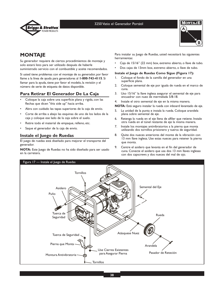 Montaje, Para retirar el generador de la caja, Instale el juego de ruedas | Briggs & Stratton 1653 User Manual | Page 38 / 48