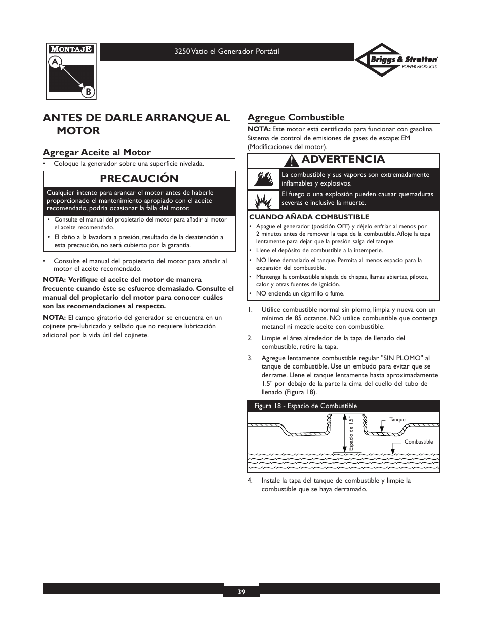 Antes de darle arranque al motor, Precaución, Advertencia | Agregar aceite al motor, Agregue combustible | Briggs & Stratton 1653 User Manual | Page 39 / 48