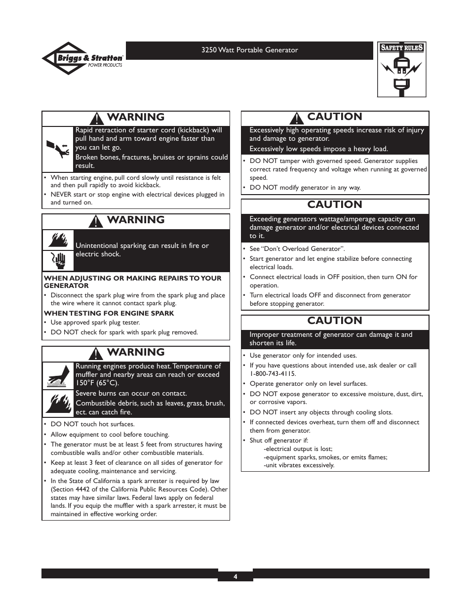 Caution, Warning | Briggs & Stratton 1653 User Manual | Page 4 / 48