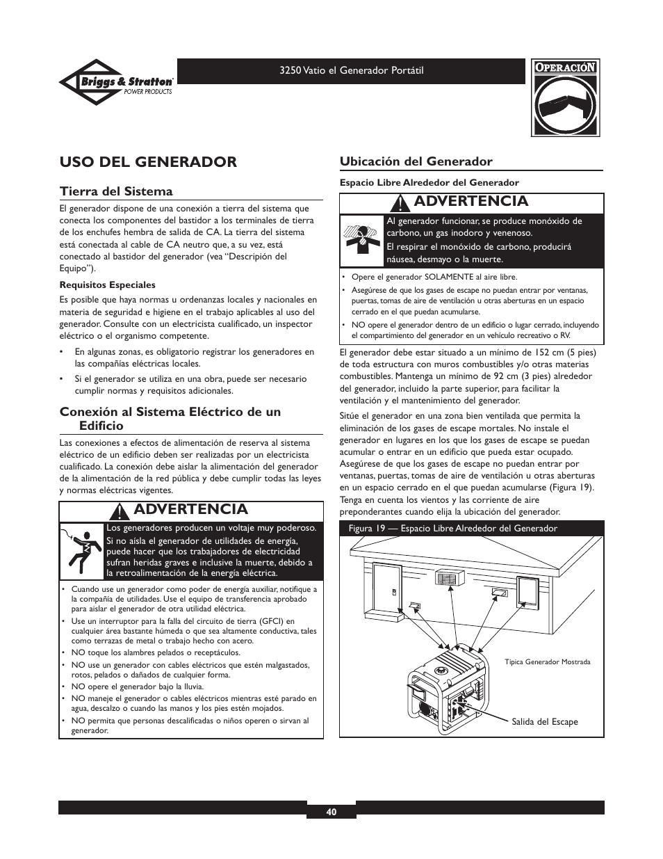 Uso del generador, Advertencia, Tierra del sistema | Conexión al sistema eléctrico de un edificio, Ubicación del generador | Briggs & Stratton 1653 User Manual | Page 40 / 48