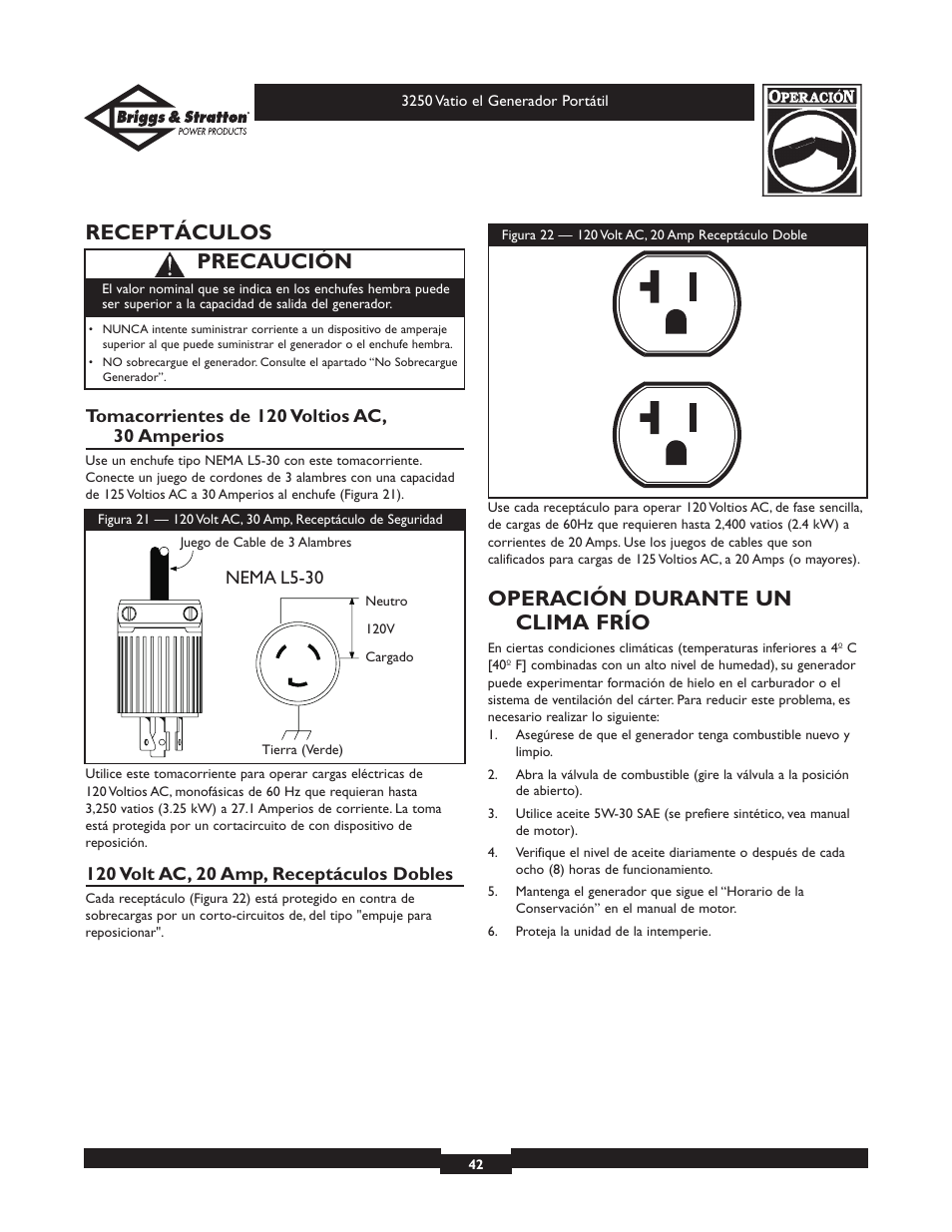 Receptáculos, Operación durante un clima frío, Precaución | Briggs & Stratton 1653 User Manual | Page 42 / 48