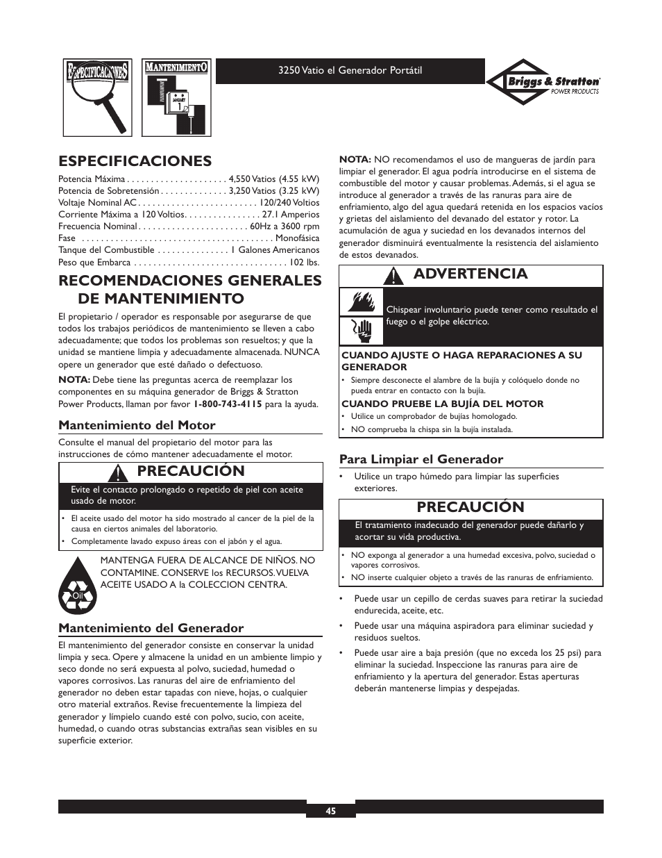 Especificaciones, Recomendaciones generales de mantenimiento, Precaución | Advertencia | Briggs & Stratton 1653 User Manual | Page 45 / 48